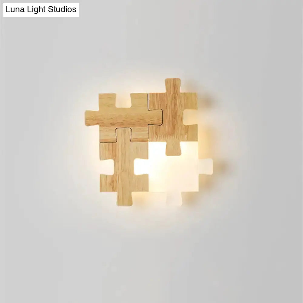 Modern jigsaw wood wall lamp by Decorbites, warm LED bedroom sconce on Tampa Home & Garden Store