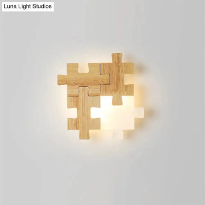 Modern jigsaw wood wall lamp by Decorbites, warm LED bedroom sconce on Tampa Home & Garden Store