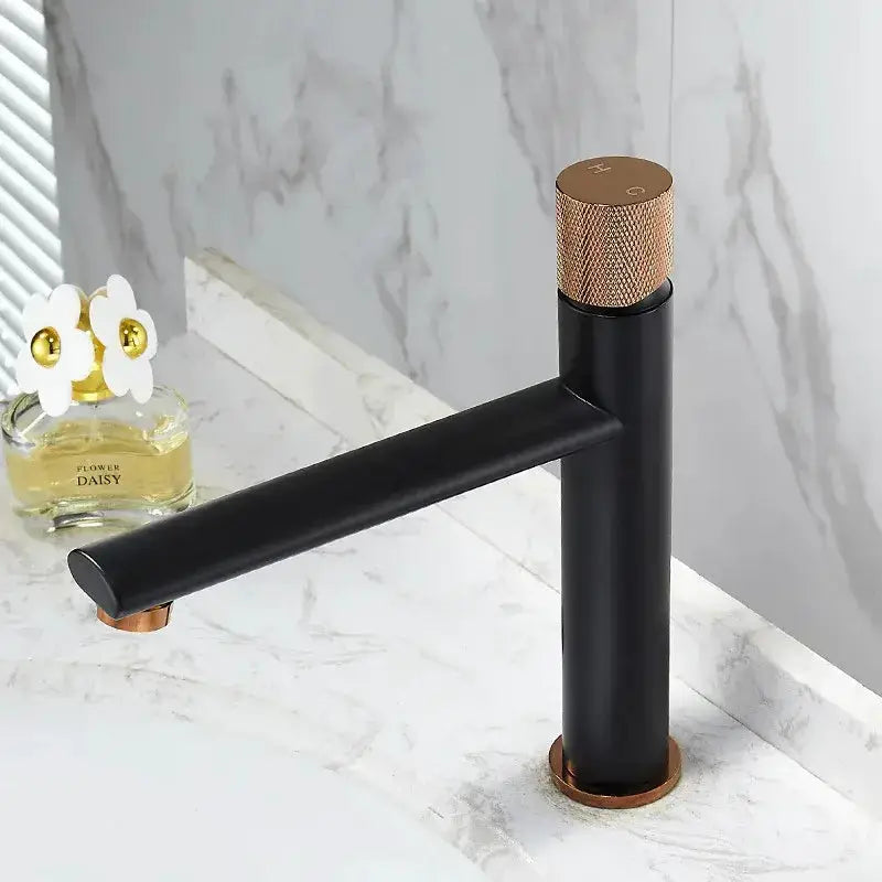 Modern knurled brushed gold basin faucet Decorbites, matte black body with copper accents on Tampa Home & Garden Store