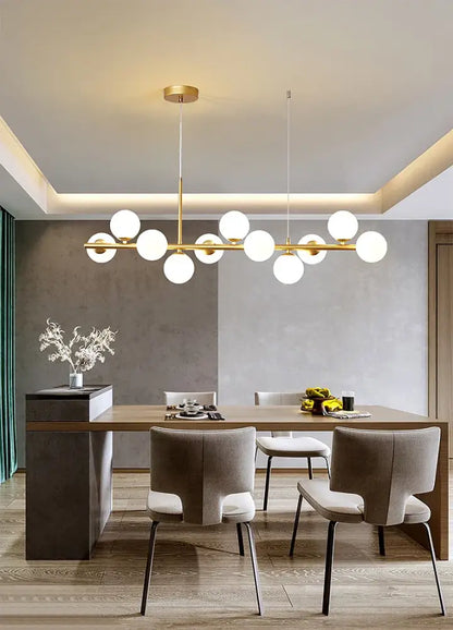 Black Gold Adjustable Ring Chandelier with white glass globes for dining by Decorbites on Tampa Home & Garden Store