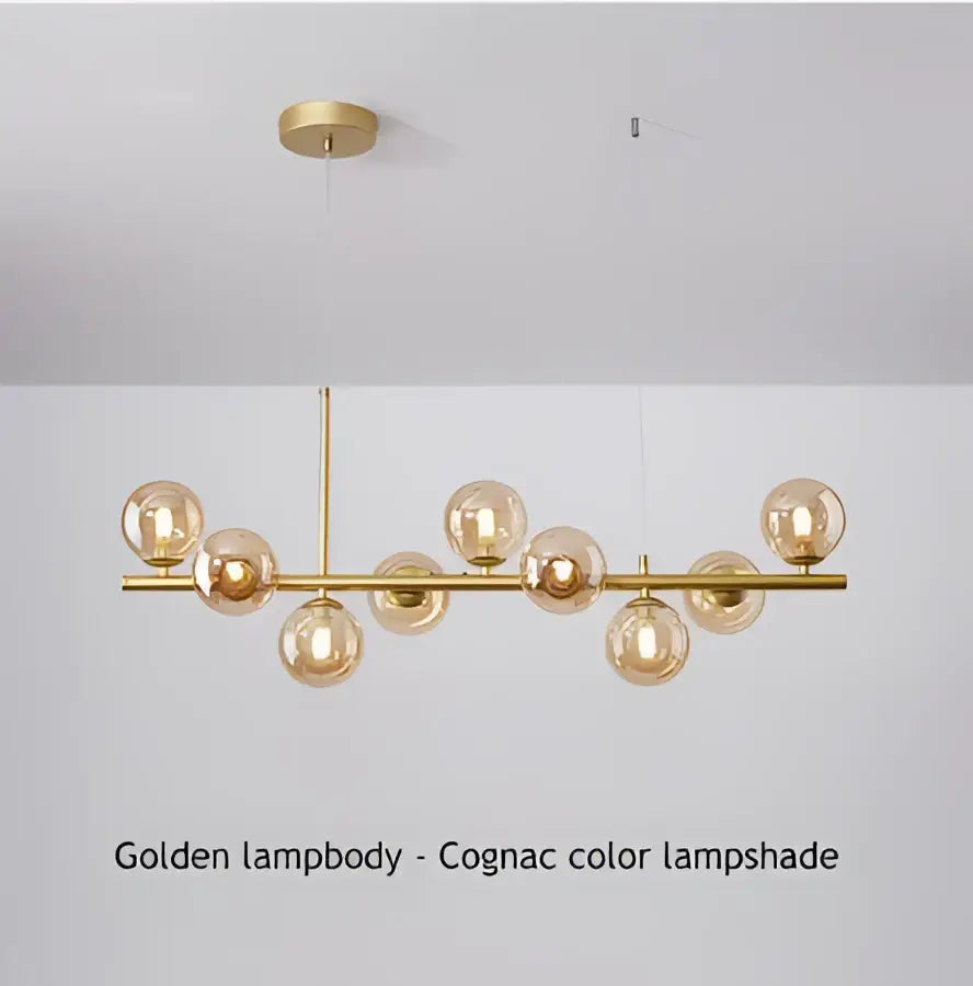 Black Gold Adjustable Ring Chandelier for Dining with cognac glass globes on brass bar on Tampa Home & Garden Store