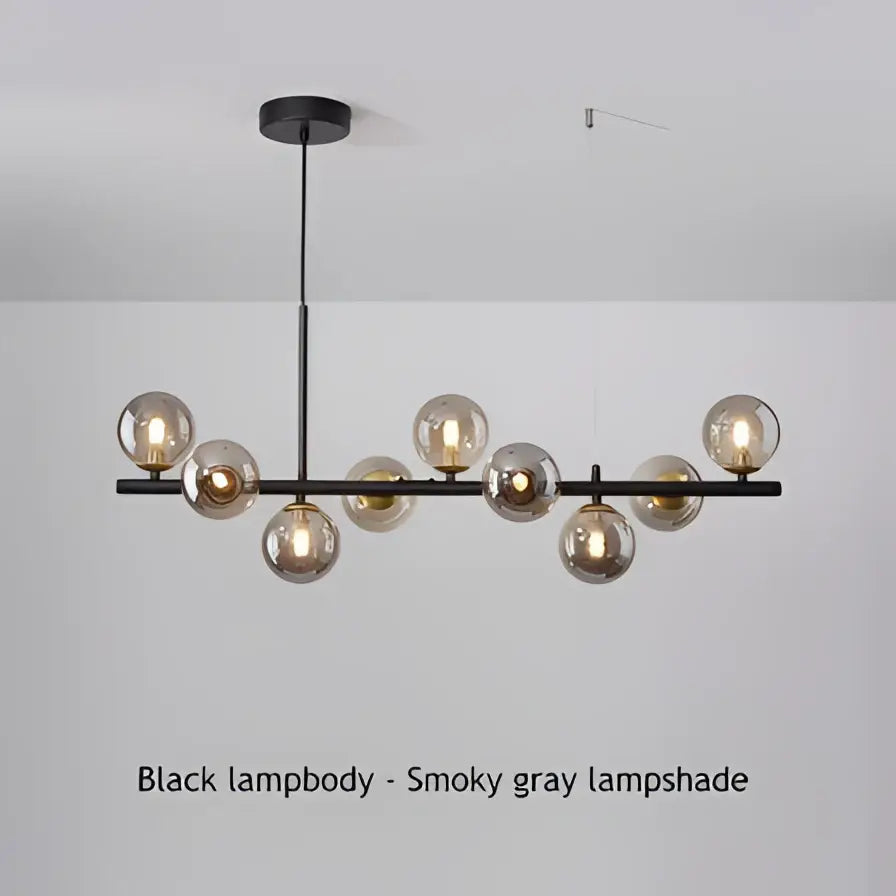 Black Gold Adjustable Ring Chandelier with smoky gray glass globes on a black frame on Tampa Home & Garden Store