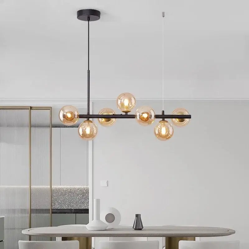 Black Gold Adjustable Ring Chandelier Decorbites with amber glass globe bulbs for dining on Tampa Home & Garden Store