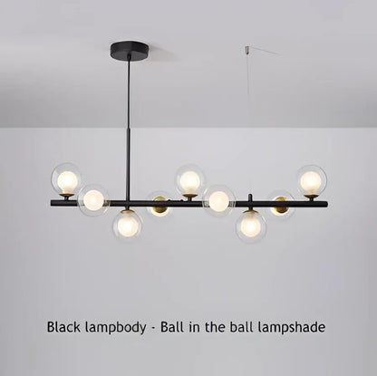 Chandelier Black Gold Adjustable Ring Dining with a linear black bar and glass globe shades on Tampa Home & Garden Store