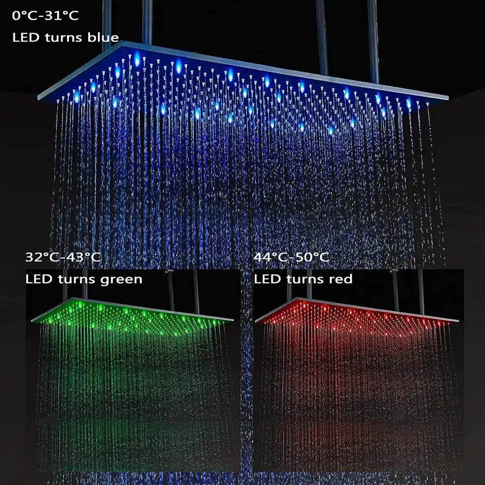 Modern LED rainfall shower head by Decorbites, square ceiling panel with color-changing LEDs on Tampa Home & Garden Store