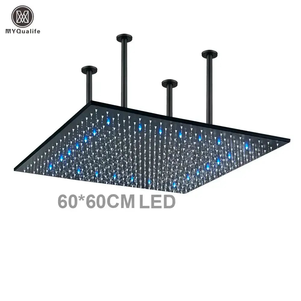 Modern LED rainfall shower head, square 60x60 cm, black steel with color-changing LEDs, Decorbites on Tampa Home & Garden Store