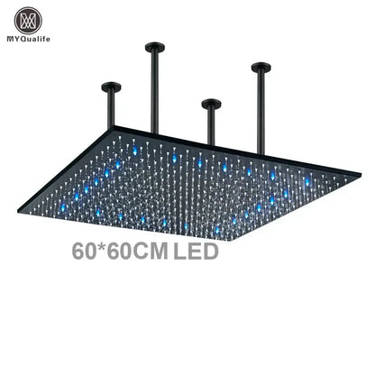 Modern LED rainfall shower head, square 60x60 cm, black steel with color-changing LEDs, Decorbites on Tampa Home & Garden Store