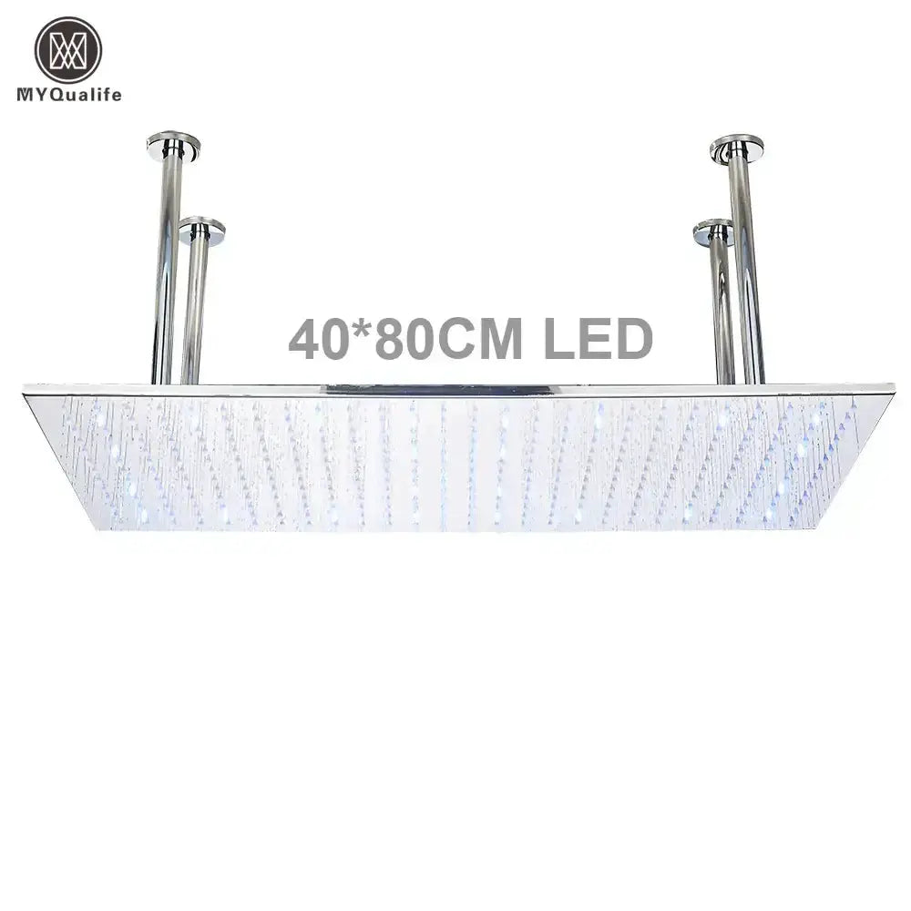 Decorbites square LED rainfall shower head, chrome finish, 40×80 cm with color-changing LEDs on Tampa Home & Garden Store