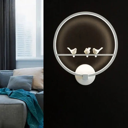 White Bird Wall Lamp Decorbites, circular frame with three perched birds and bottom glow on Tampa Home & Garden Store
