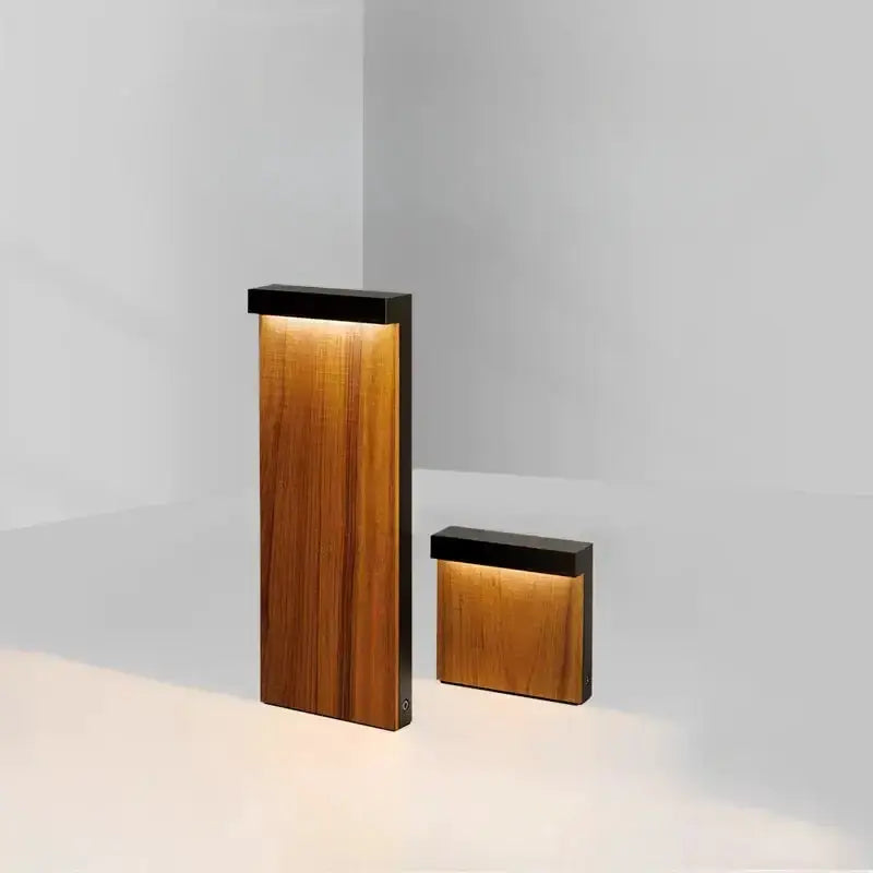 Modern LED wood grain lawn light set; tall post and wall lamp by Decorbites with amber glow on Tampa Home & Garden Store