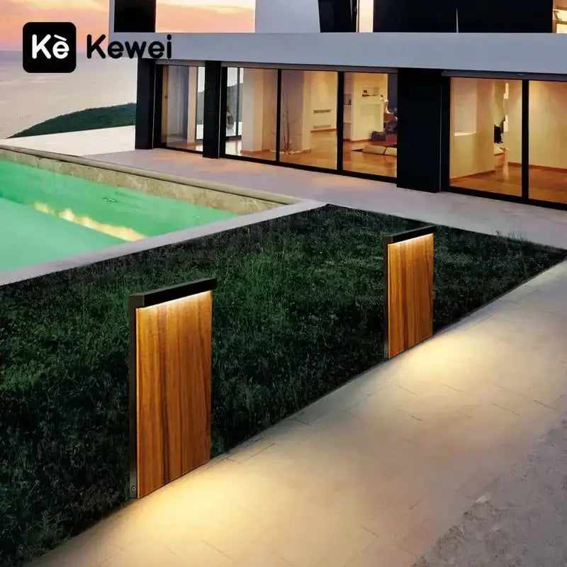 Modern LED wood grain lawn pathway lamps by Kewei, pair of outdoor wooden pillars with warm glow on Tampa Home & Garden Store