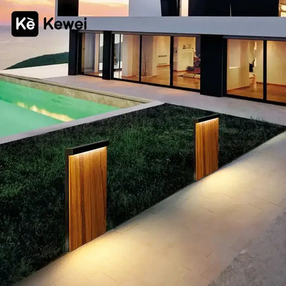 Modern LED wood grain lawn pathway lamps by Kewei, pair of outdoor wooden pillars with warm glow on Tampa Home & Garden Store