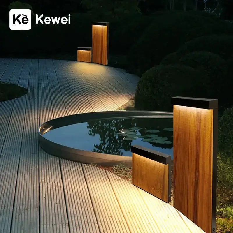 Modern LED wood grain lawn light garden pathway lamp set of 3 with warm amber glow Kewei on Tampa Home & Garden Store