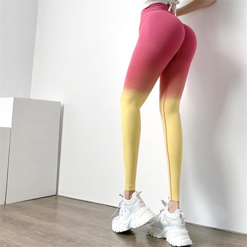 Stevvex Modern Lift Skinny Sports Leggings gradient pink to yellow, high waist gym leggings on Tampa Home & Garden Store