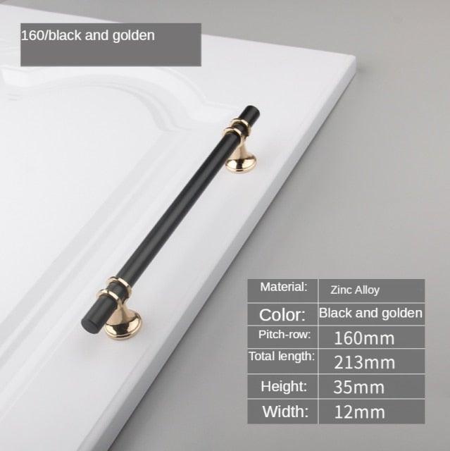 Stevvex cabinet pull handle black and gold zinc alloy 160mm pitch, 213mm total length on Tampa Home & Garden Store