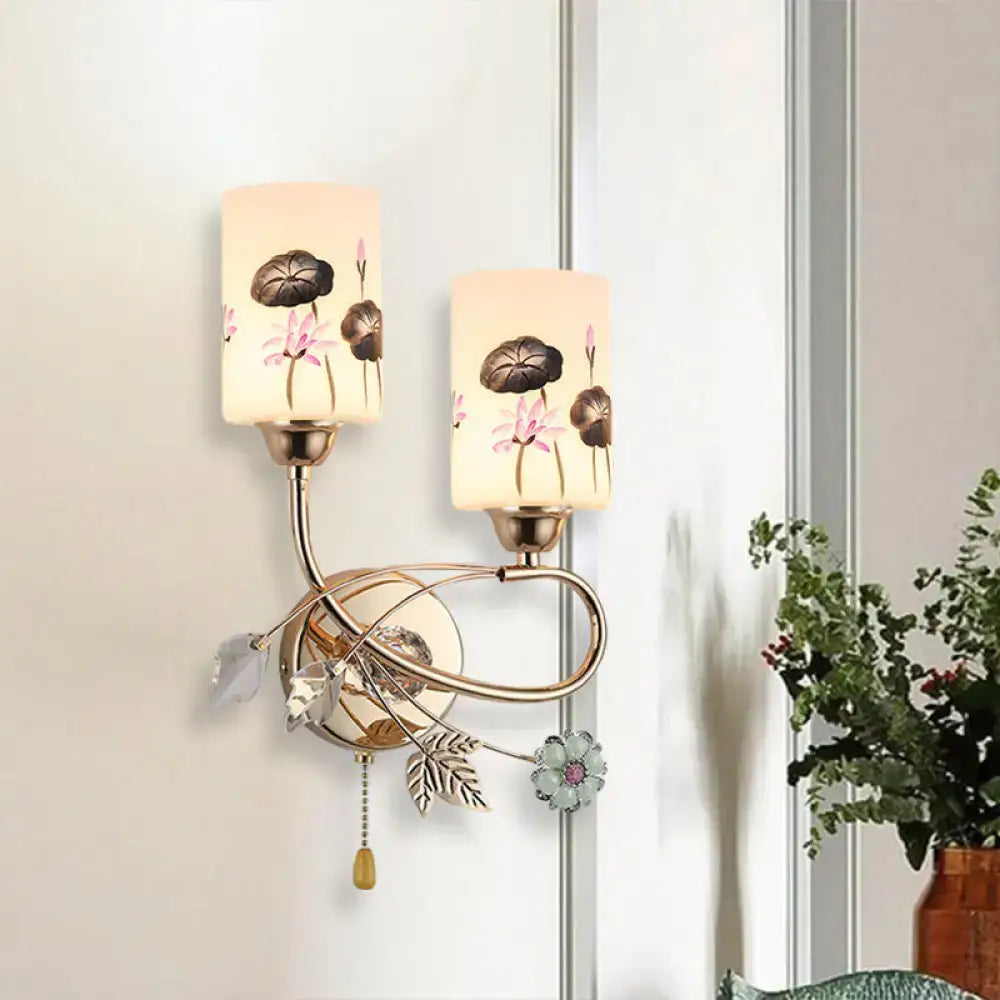Gold Lotus Glass Wall Sconce; dual-lamp frosted glass shades on Tampa Home & Garden Store