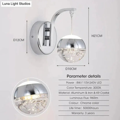 Gold Curved Crystal LED Wall Sconce for Bedroom