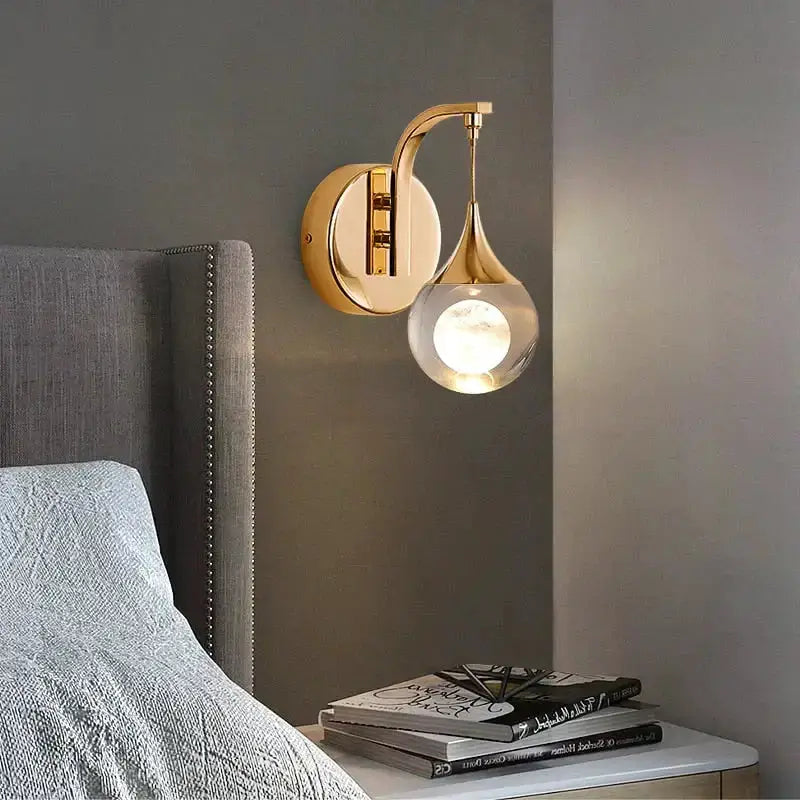Gold Curved Crystal LED Wall Sconce for Bedroom