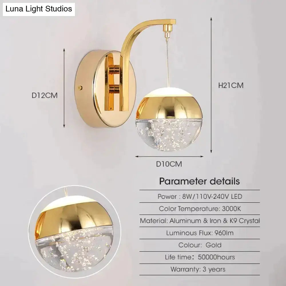 Gold Curved Crystal LED Wall Sconce for Bedroom