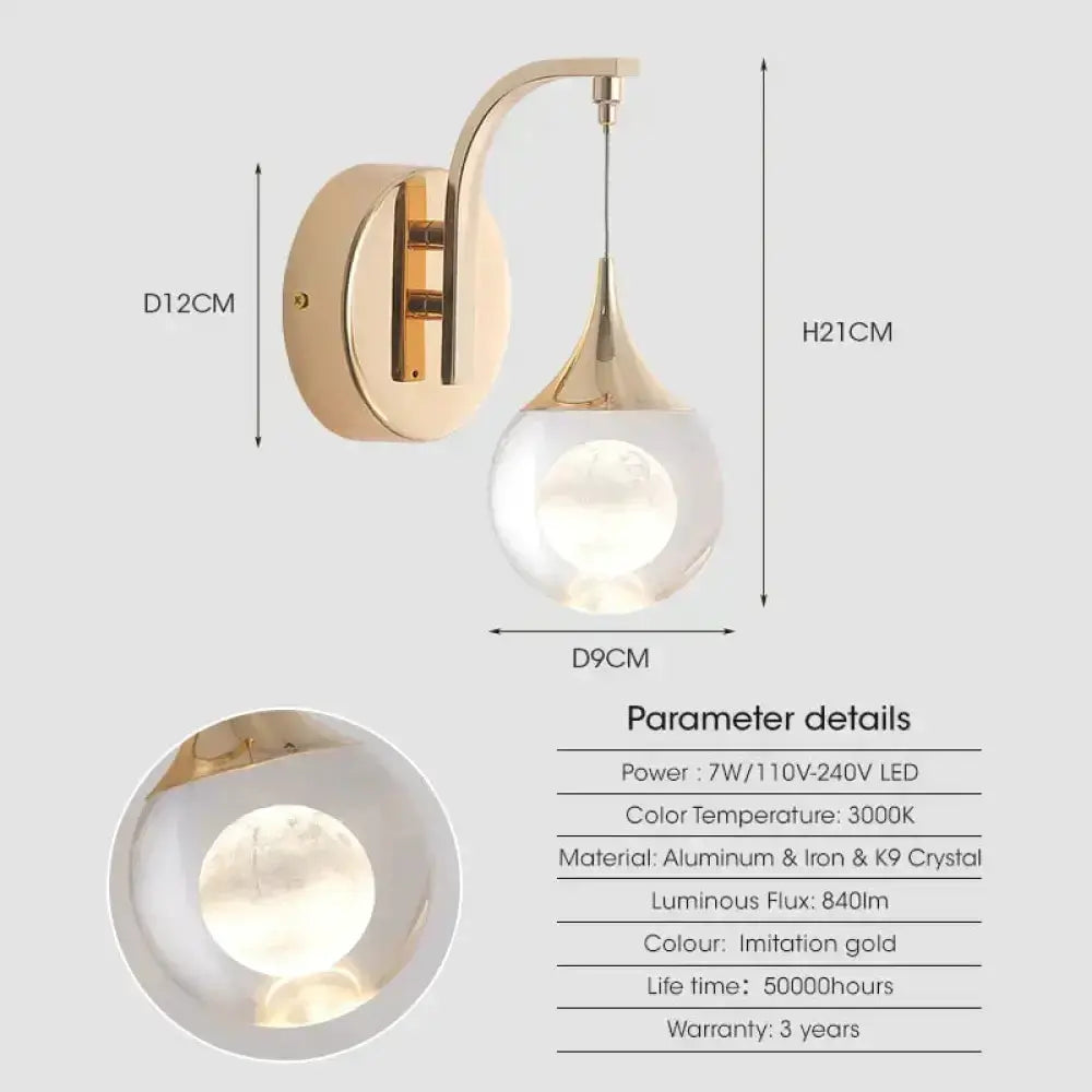 Gold Curved Crystal LED Wall Sconce for Bedroom