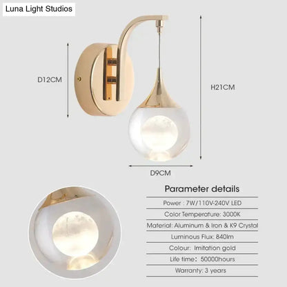 Gold Curved Crystal LED Wall Sconce for Bedroom
