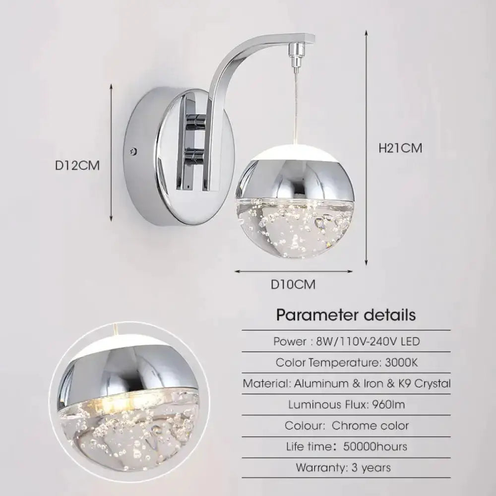 Gold Curved Crystal LED Wall Sconce for Bedroom