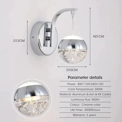 Gold Curved Crystal LED Wall Sconce for Bedroom