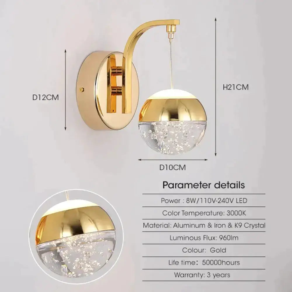 Gold Curved Crystal LED Wall Sconce for Bedroom