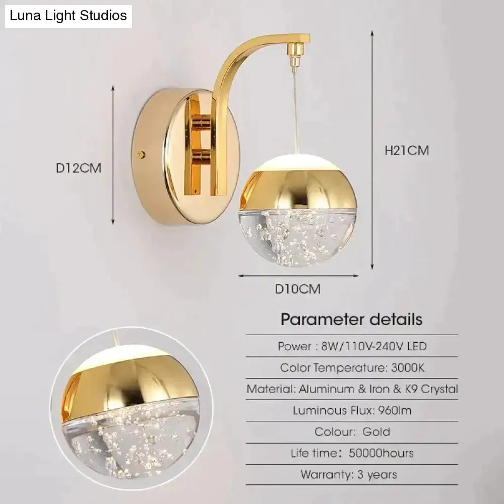 Gold Curved Crystal LED Wall Sconce for Bedroom