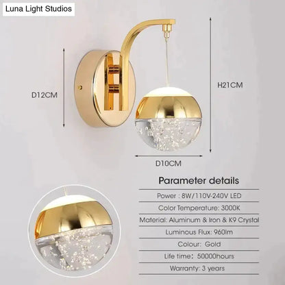 Gold Curved Crystal LED Wall Sconce for Bedroom