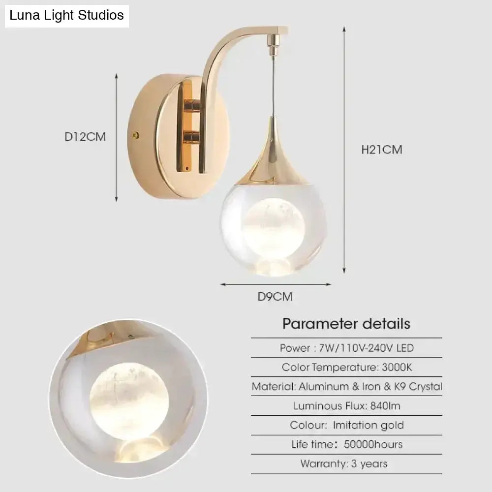 Gold Curved Crystal LED Wall Sconce for Bedroom