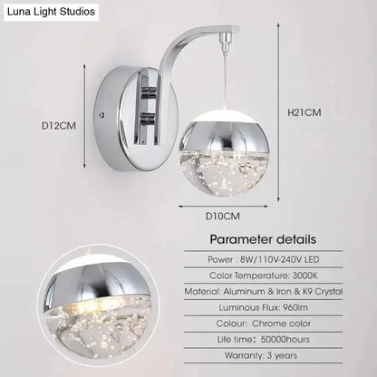 Gold Curved Crystal LED Wall Sconce for Bedroom