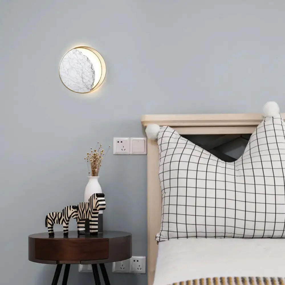 Gold Marble Moon Sconce wall light with white marble disk and gold rim on Tampa Home & Garden Store