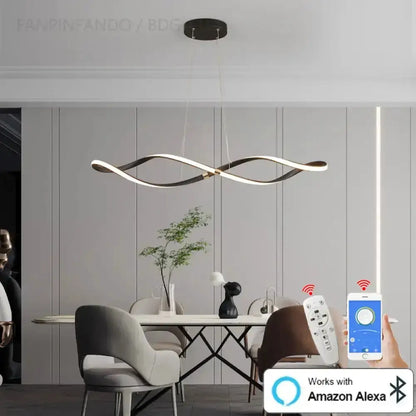 Modern matte black LED chandelier pendant light with dual twisting waves by Decorbites on Tampa Home & Garden Store