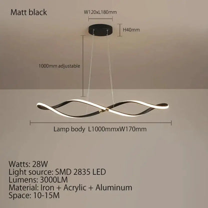 Decorbites matte black LED chandelier pendant light with wave lamp body 1000mmx170mm on Tampa Home & Garden Store