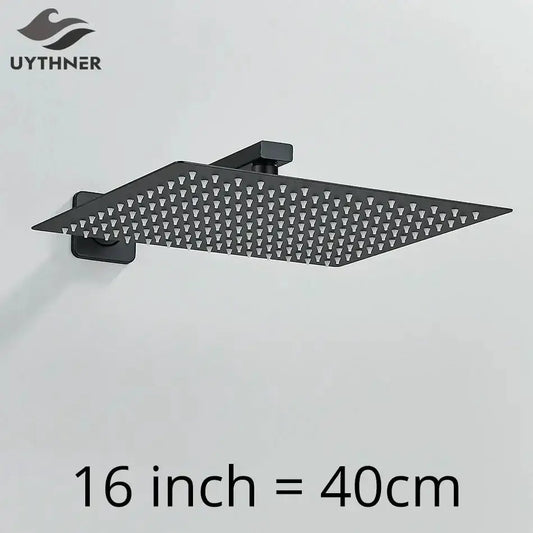 Square matte black luxury rain shower head with wall arm, 16 inch (40 cm), UYTHNER brand on Tampa Home & Garden Store