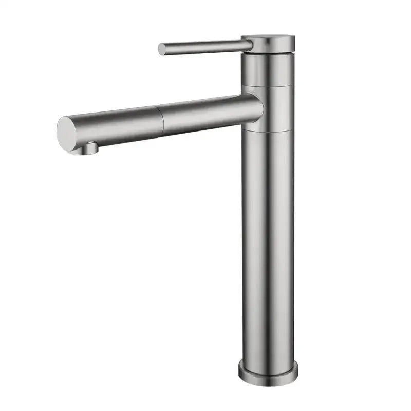 Decorbites modern basin faucet with tall cylindrical chrome body and single lever in bathroom on Tampa Home & Garden Store