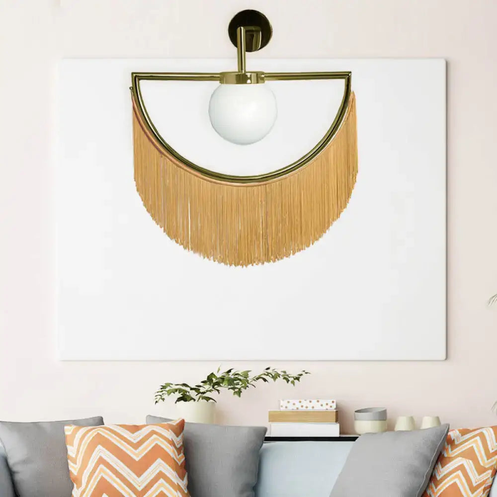Decorbites white glass wall sconce with brass semicircle frame and semi-spherical tassel on Tampa Home & Garden Store