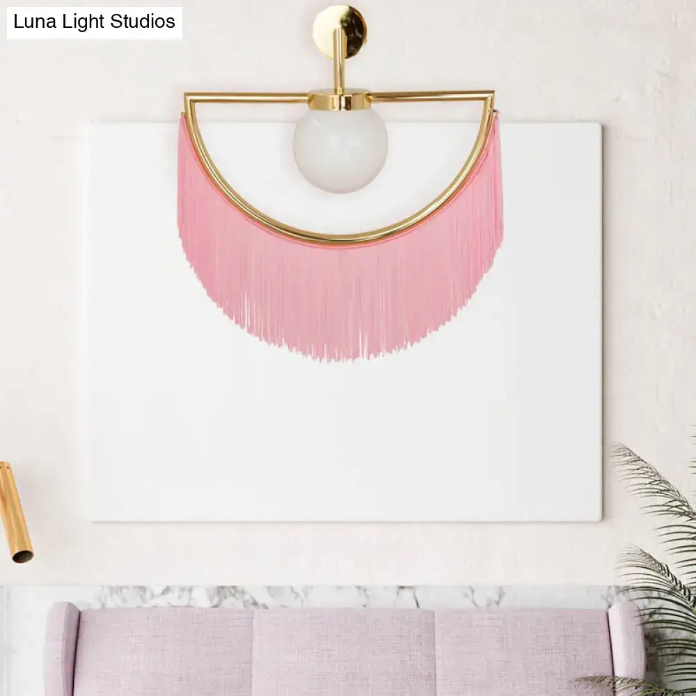White Glass Wall Sconce Decorbites with gold arc and pink fringe tassels Luna Light Studios on Tampa Home & Garden Store