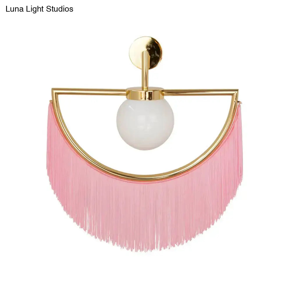 White Glass Wall Sconce Semi-Spherical Tassel with gold frame and pink fringe Decorbites on Tampa Home & Garden Store