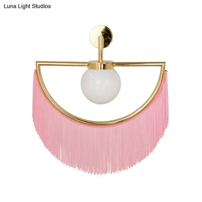 White Glass Wall Sconce Semi-Spherical Tassel with gold frame and pink fringe Decorbites on Tampa Home & Garden Store