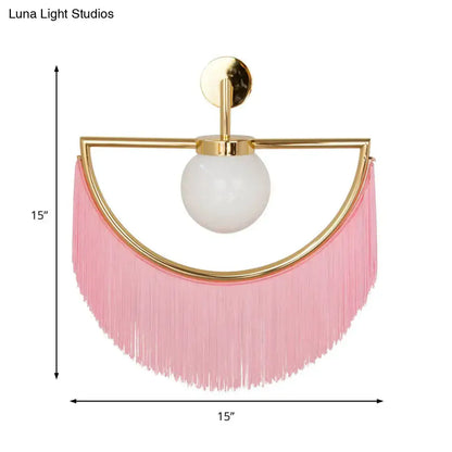 White Glass Wall Sconce by Decorbites with gold arc and pink fringe tassels, 15in wide on Tampa Home & Garden Store