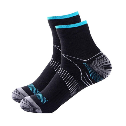 Stevvex plantar fascia compression socks, black with teal trim, breathable athletic socks pair on Tampa Home & Garden Store