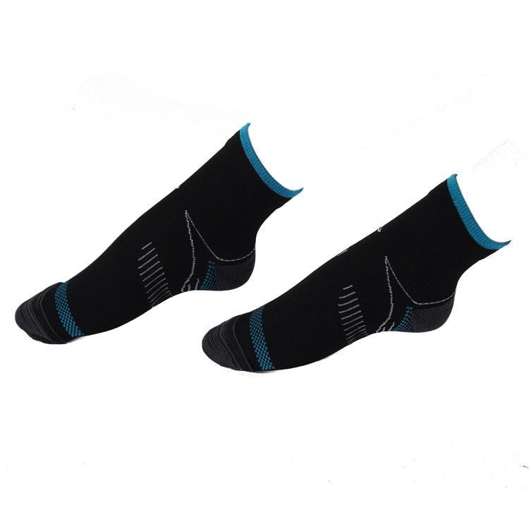 Stevvex plantar fascia compression socks pair, black with blue cuffs, breathable athletic socks on Tampa Home & Garden Store