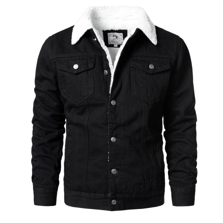 Stevvex men's black denim trucker jacket with white sherpa collar on Tampa Home & Garden Store