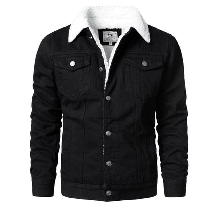 Stevvex men's black denim trucker jacket with white sherpa collar on Tampa Home & Garden Store