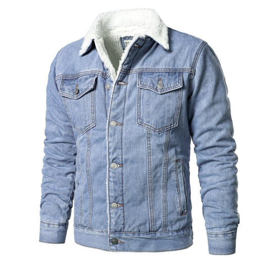 Denim trucker jacket Stevvex in light blue with sherpa lining for warmth on Tampa Home & Garden Store