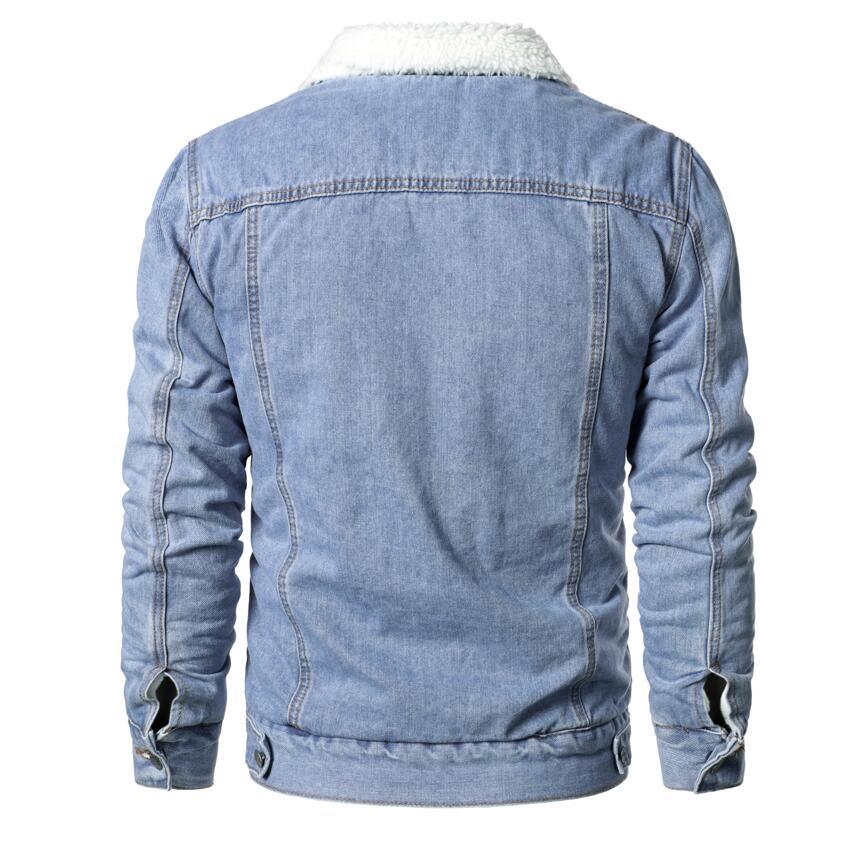 Back view of Stevvex men's light blue denim trucker jacket with sherpa collar on Tampa Home & Garden Store
