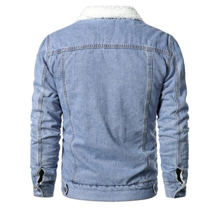 Back view of Stevvex men's light blue denim trucker jacket with sherpa collar on Tampa Home & Garden Store