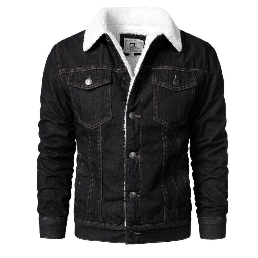 Men's black denim trucker jacket, sherpa lining, button front, pockets on Tampa Home & Garden Store